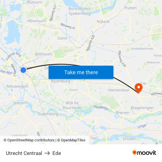 Utrecht Centraal to Ede map