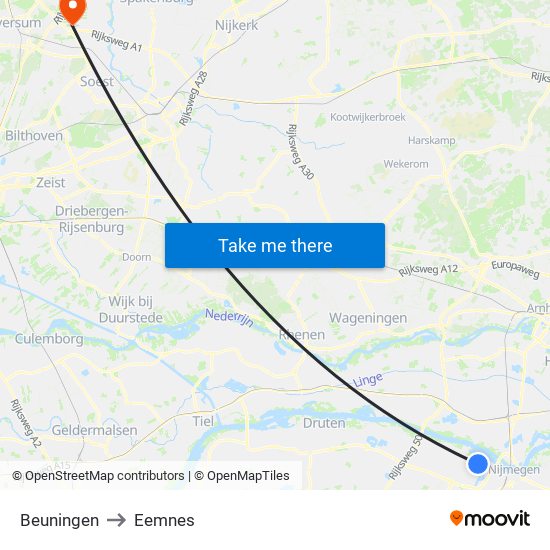 Beuningen to Eemnes map