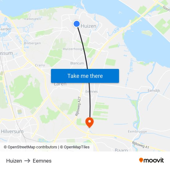 Huizen to Eemnes map