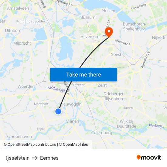 Ijsselstein to Eemnes map