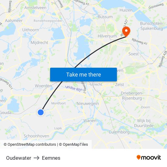 Oudewater to Eemnes map