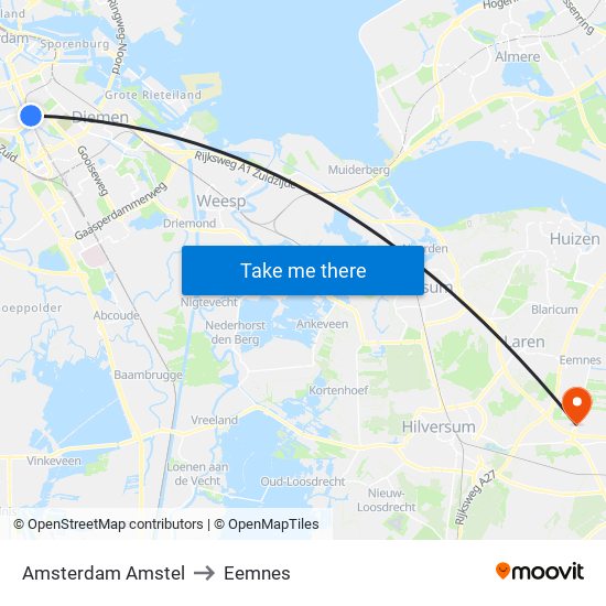 Amsterdam Amstel to Eemnes map