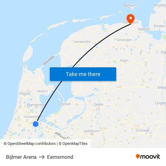 Bijlmer Arena to Eemsmond map