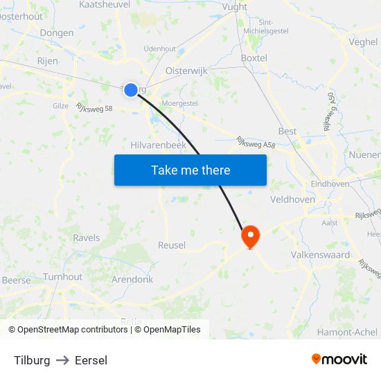 Tilburg to Eersel map