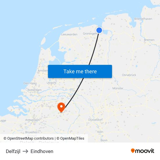 Delfzijl to Eindhoven map