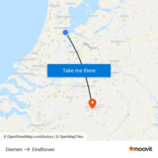 Diemen to Eindhoven map