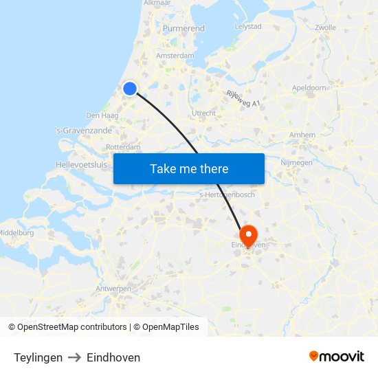 Teylingen to Eindhoven map