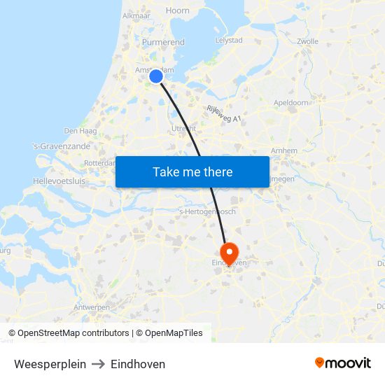 Weesperplein to Eindhoven map
