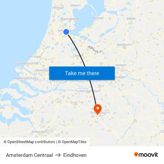 Amsterdam Centraal to Eindhoven map