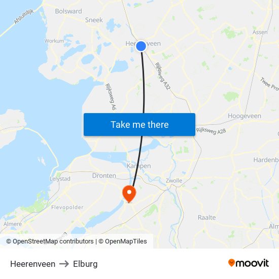 Heerenveen to Elburg map