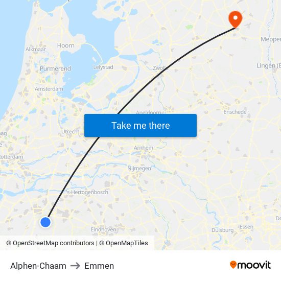 Alphen-Chaam to Emmen map