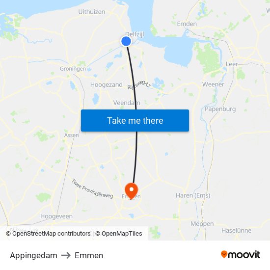 Appingedam to Emmen map