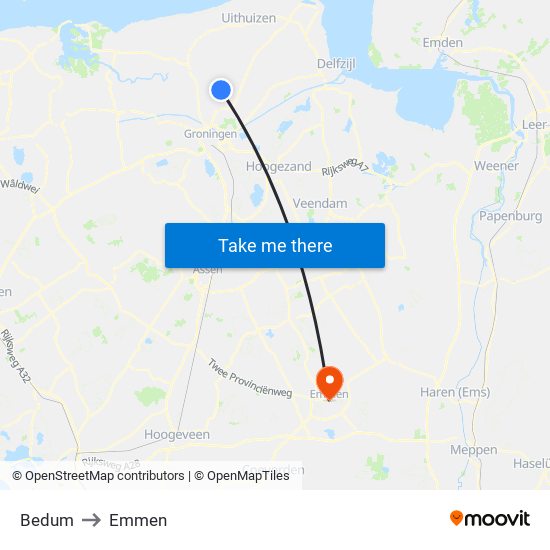 Bedum to Emmen map