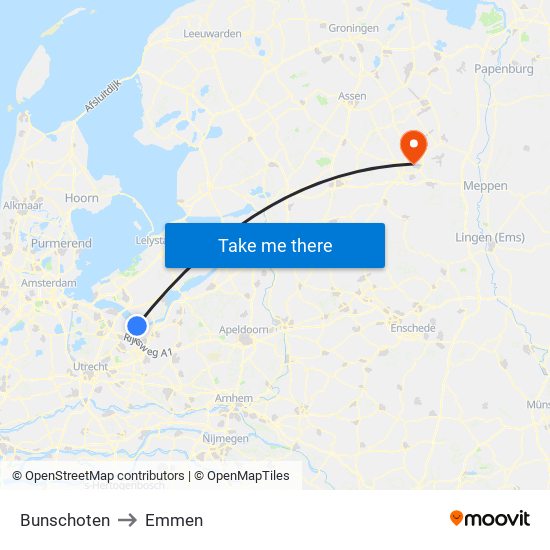 Bunschoten to Emmen map