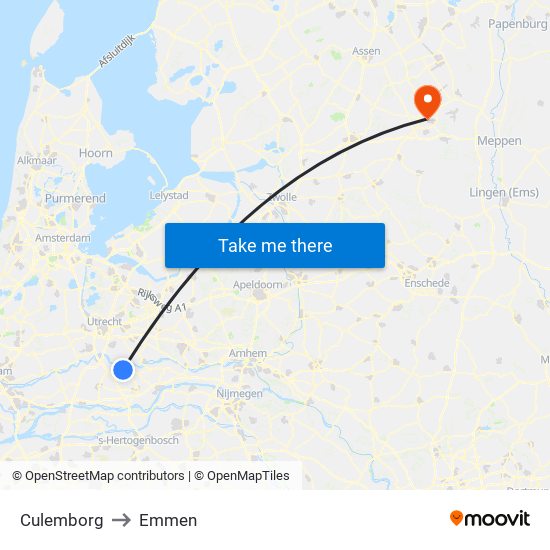 Culemborg to Emmen map