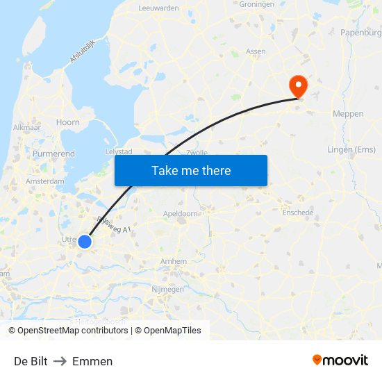 De Bilt to Emmen map