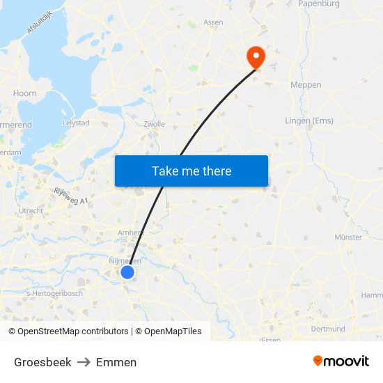 Groesbeek to Emmen map