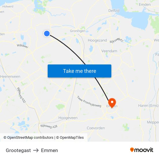 Grootegast to Emmen map