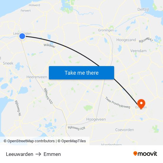 Leeuwarden to Emmen map