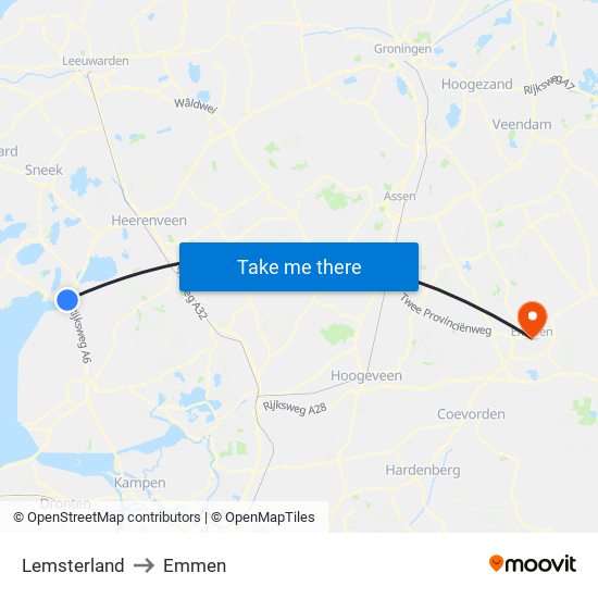 Lemsterland to Emmen map