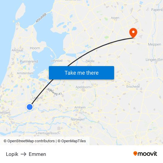 Lopik to Emmen map