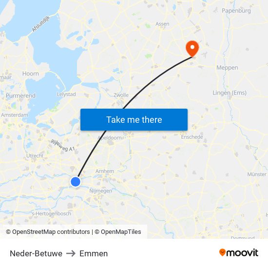 Neder-Betuwe to Emmen map