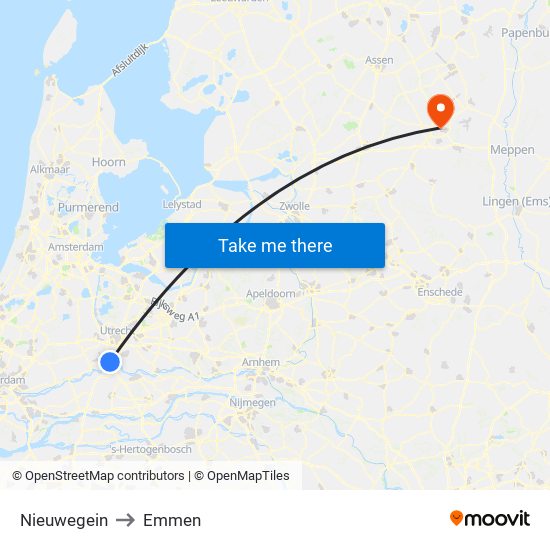 Nieuwegein to Emmen map