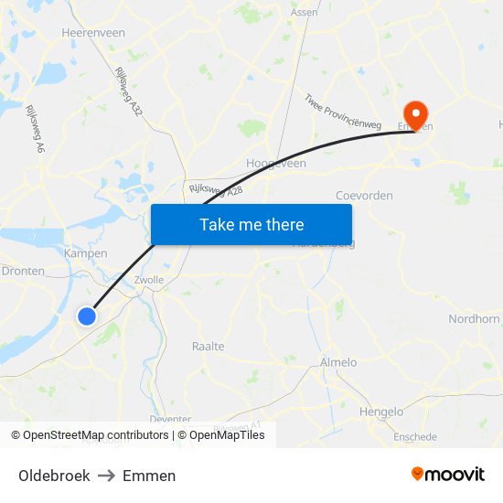 Oldebroek to Emmen map