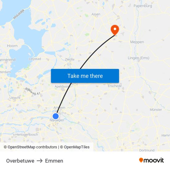 Overbetuwe to Emmen map