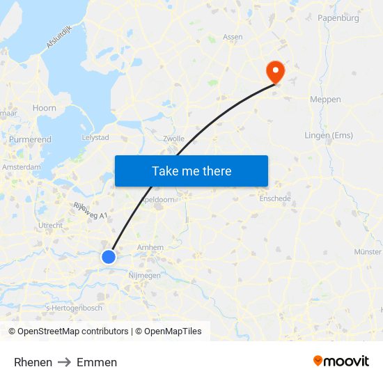 Rhenen to Emmen map