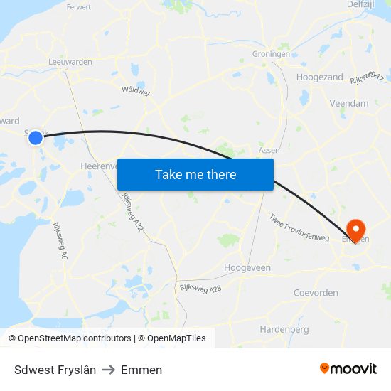 Sdwest Fryslân to Emmen map