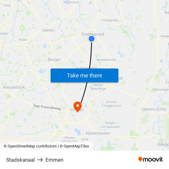 Stadskanaal to Emmen map