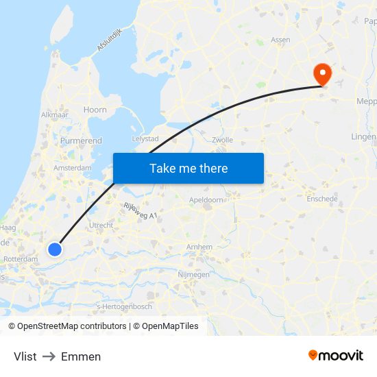 Vlist to Emmen map