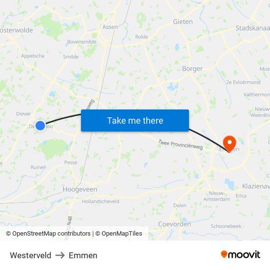 Westerveld to Emmen map