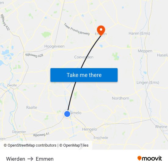 Wierden to Emmen map