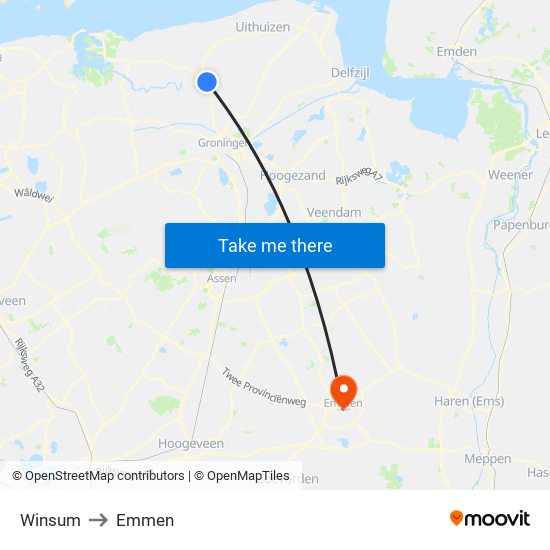 Winsum to Emmen map