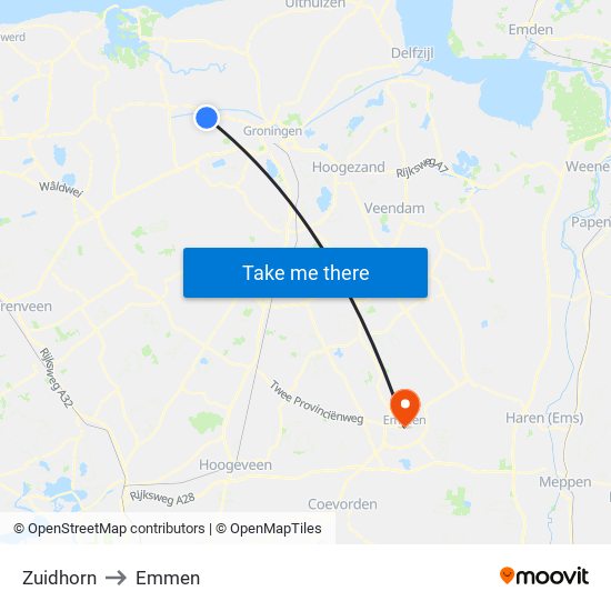 Zuidhorn to Emmen map