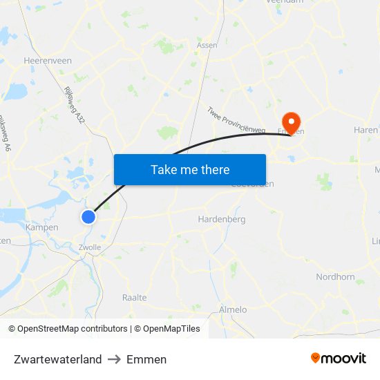 Zwartewaterland to Emmen map