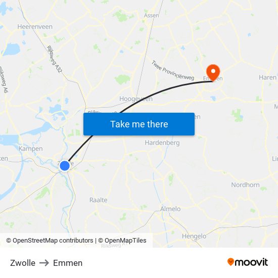 Zwolle to Emmen map