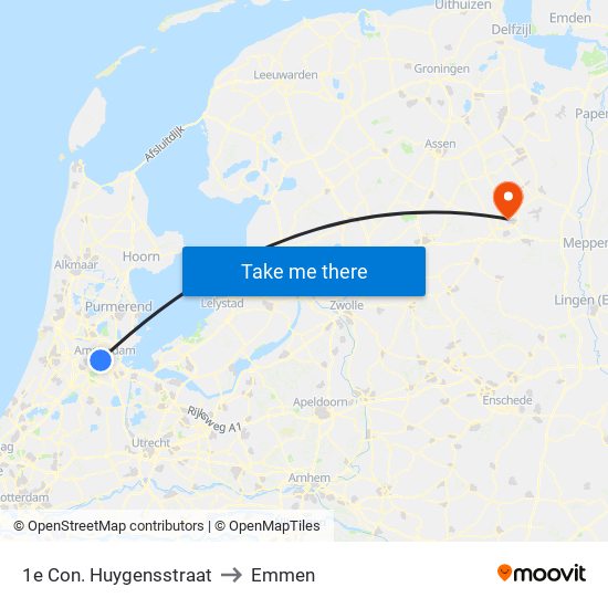 1e Con. Huygensstraat to Emmen map