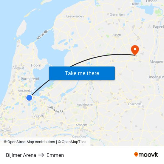 Bijlmer Arena to Emmen map
