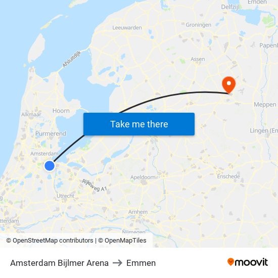 Amsterdam Bijlmer Arena to Emmen map