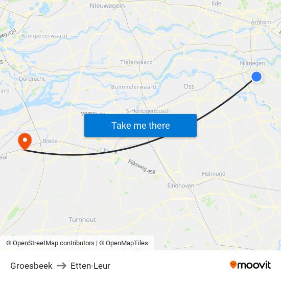 Groesbeek to Etten-Leur map