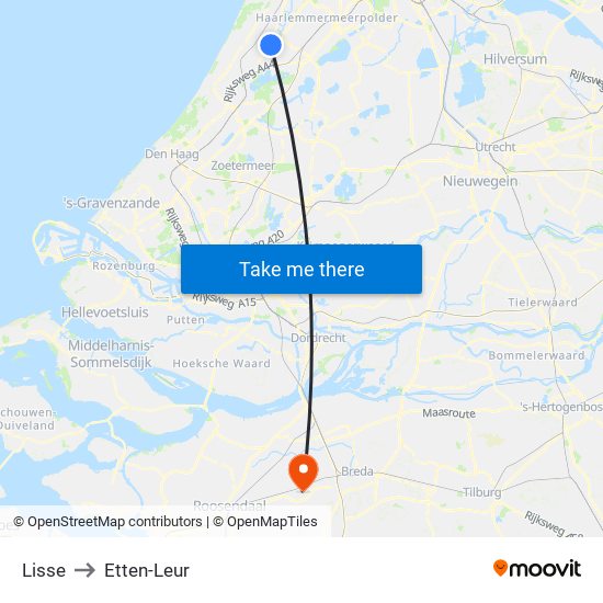 Lisse to Etten-Leur map