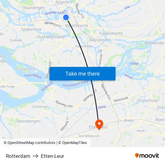 Rotterdam to Etten-Leur map