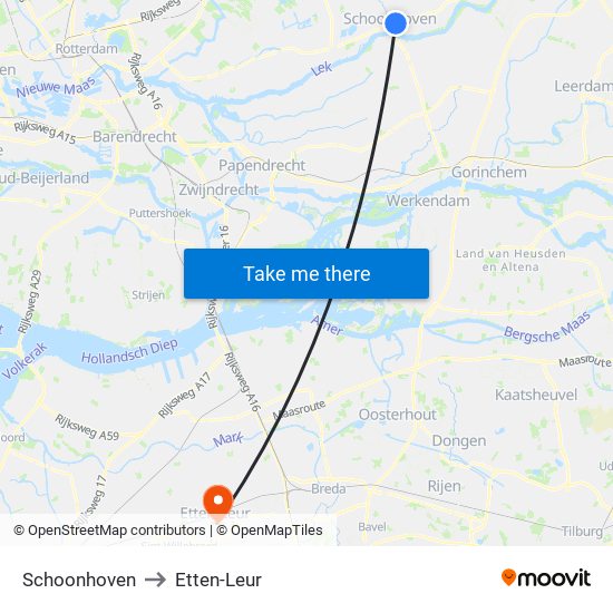 Schoonhoven to Etten-Leur map