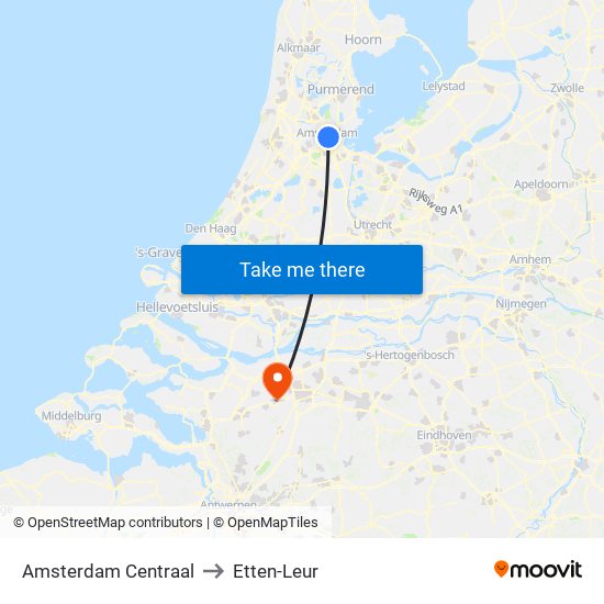 Amsterdam Centraal to Etten-Leur map