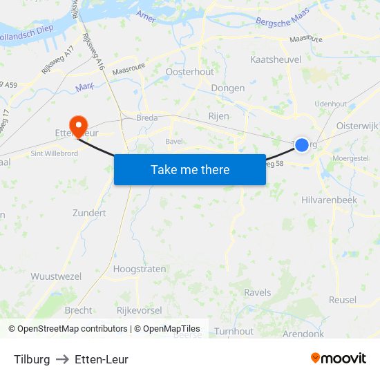 Tilburg to Etten-Leur map