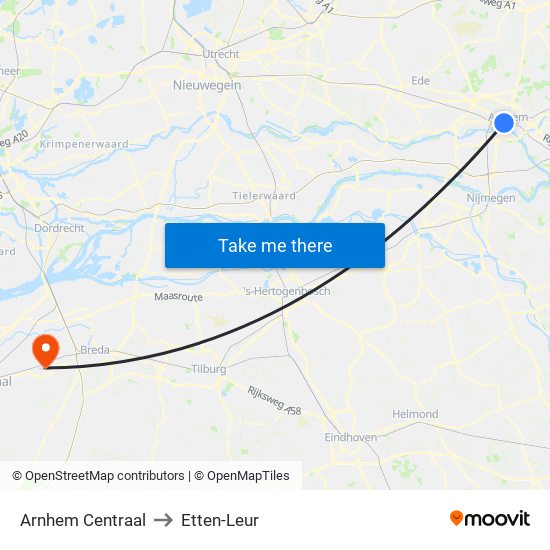 Arnhem Centraal to Etten-Leur map