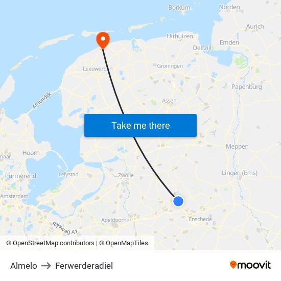 Almelo to Ferwerderadiel map